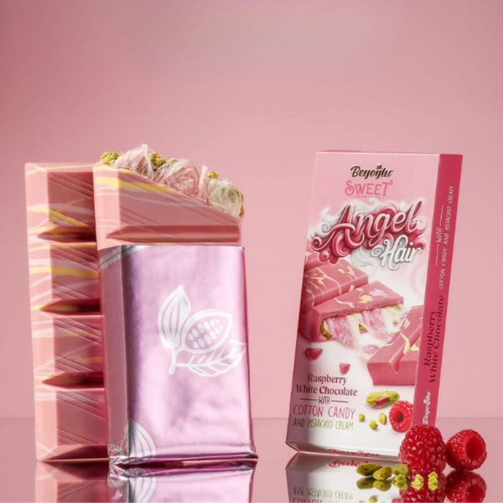 Beyoğlu Angel Hair Raspberry White Chocolate with Cotton Candy and Pistachio Cream - 80 g