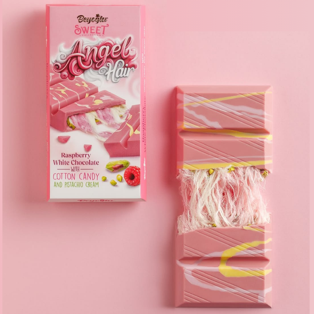 Beyoğlu Angel Hair Raspberry White Chocolate with Cotton Candy and Pistachio Cream - 80 g